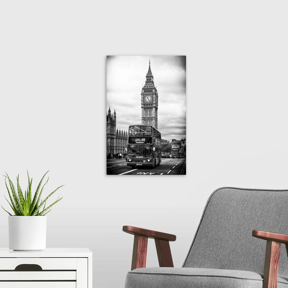 A modern room featuring Photograph of the iconic double decker bus driving past Big Ben in London.