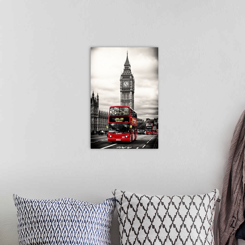 A bohemian room featuring Photograph with selective color of the iconic double decker bus driving past Big Ben in London.