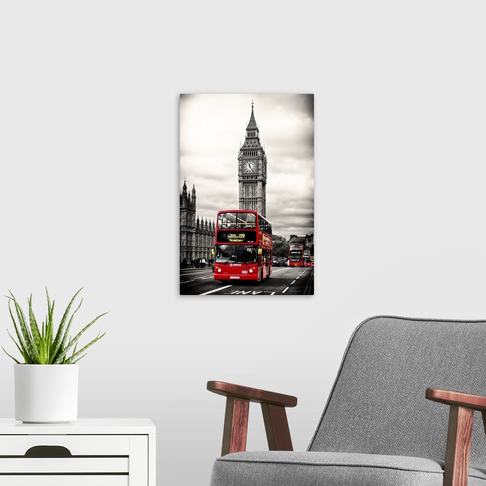 A modern room featuring Photograph with selective color of the iconic double decker bus driving past Big Ben in London.