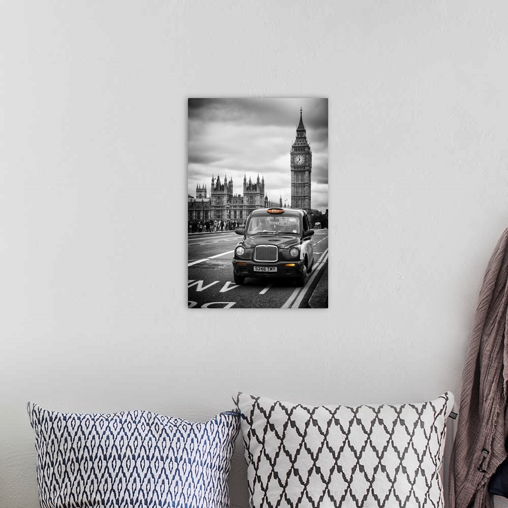 A bohemian room featuring A Taxi driving past Big Ben on a cloudy day.