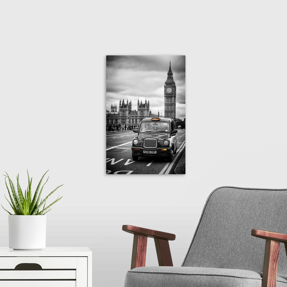A modern room featuring A Taxi driving past Big Ben on a cloudy day.