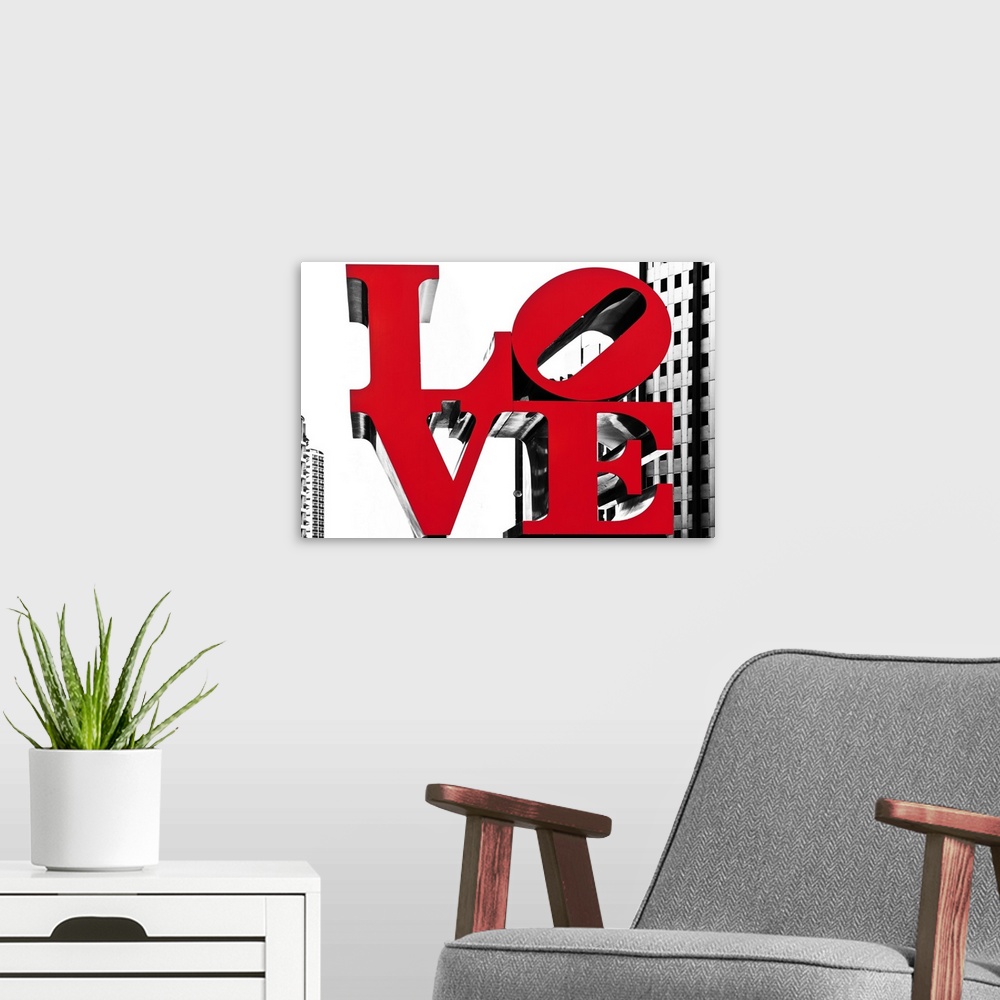 A modern room featuring The famous LOVE sculpture in Philadelphia, with selective coloring.