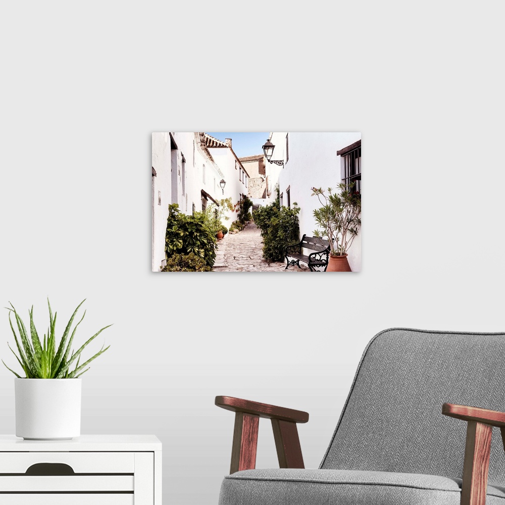 A modern room featuring It's an old street with white buildings in the village of Castillo de Castellar in Spain.