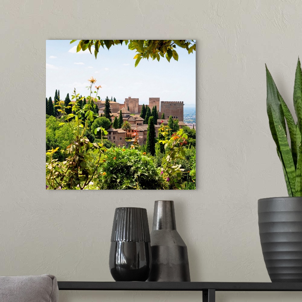 A modern room featuring It's a beautiful view of the Alhambra in Granada, Spain.