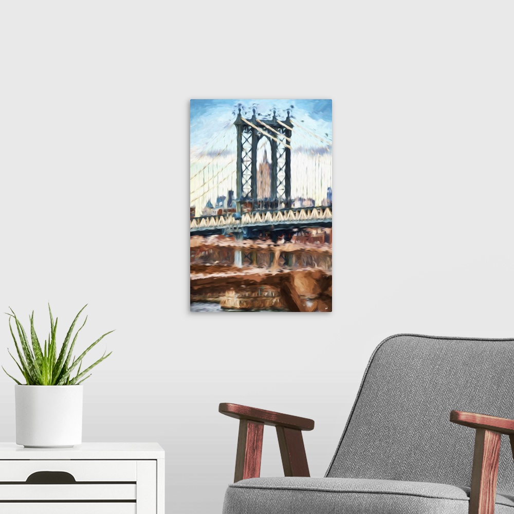 A modern room featuring Photograph with a painterly effect of New York city.