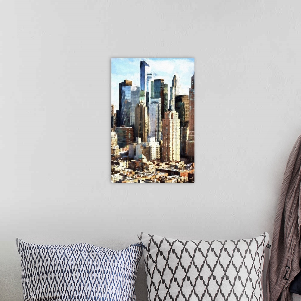 A bohemian room featuring Photograph with a painterly effect of Manhattan, New York city.