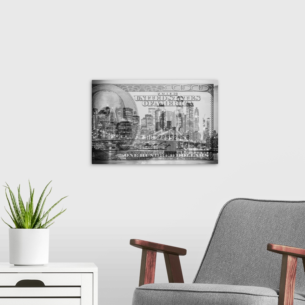 A modern room featuring This collection represents New York City with the iconic one hundred Dollar bill. Under the watch...