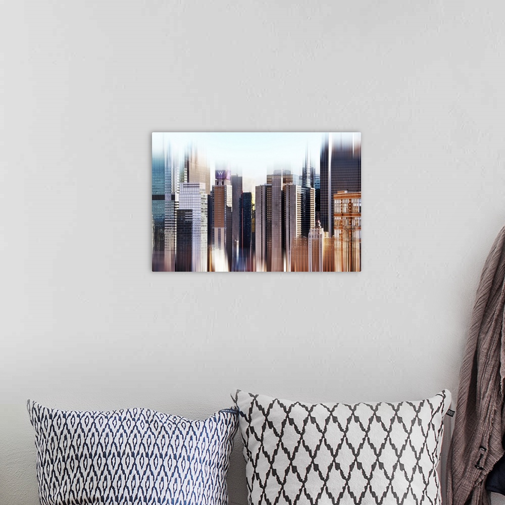 A bohemian room featuring Tall buildings in New York City, with a layered effect creating a feeling of movement.