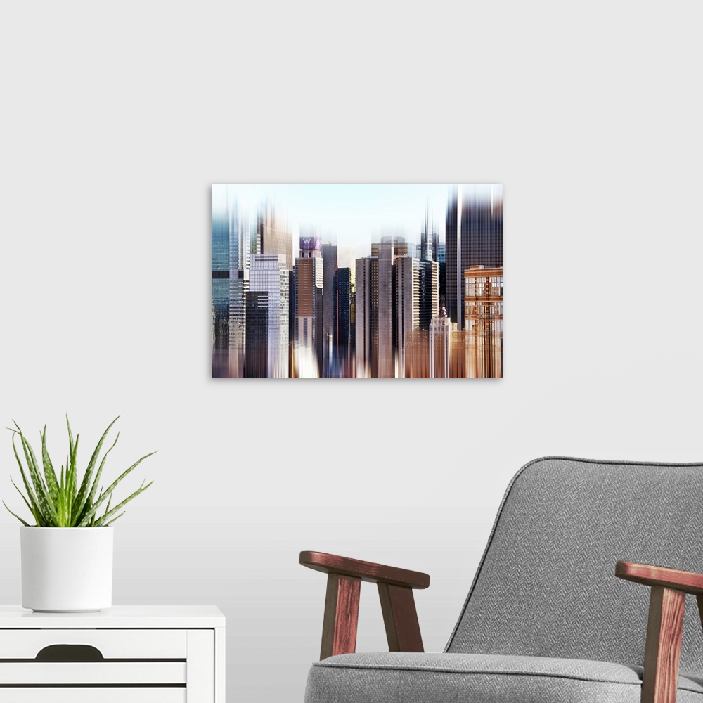A modern room featuring Tall buildings in New York City, with a layered effect creating a feeling of movement.