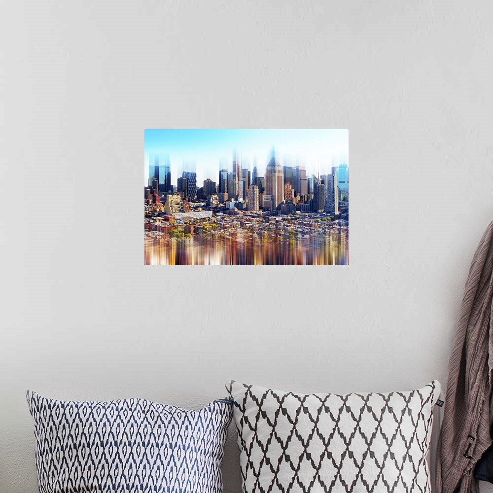 A bohemian room featuring Photo of the Manhattan skyline in the evening with a layered effect creating a feeling of movement.