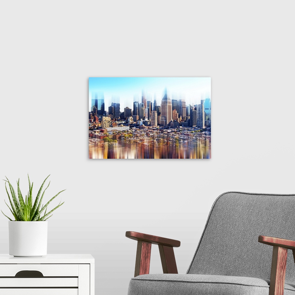 A modern room featuring Photo of the Manhattan skyline in the evening with a layered effect creating a feeling of movement.