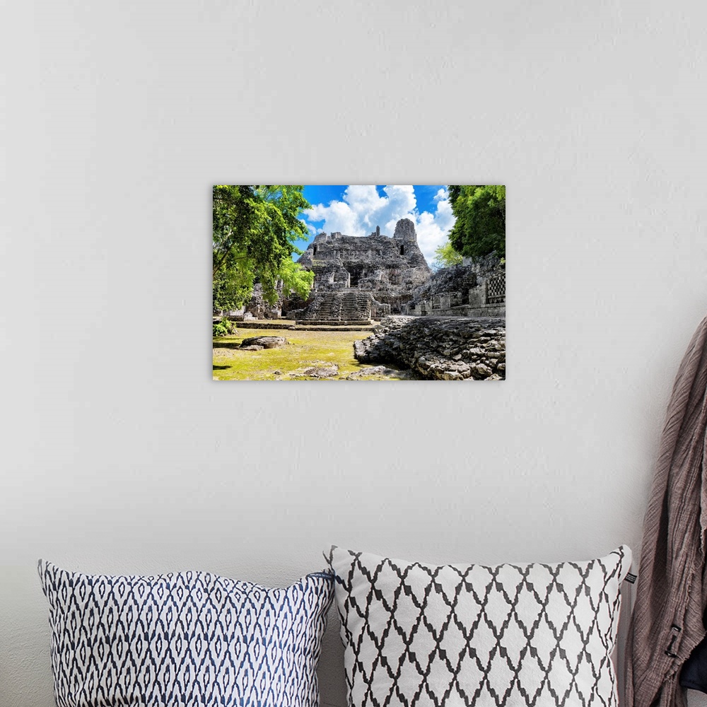 A bohemian room featuring Landscape photograph of ancient Mayan Ruins in Mexico. From the Viva Mexico Collection.