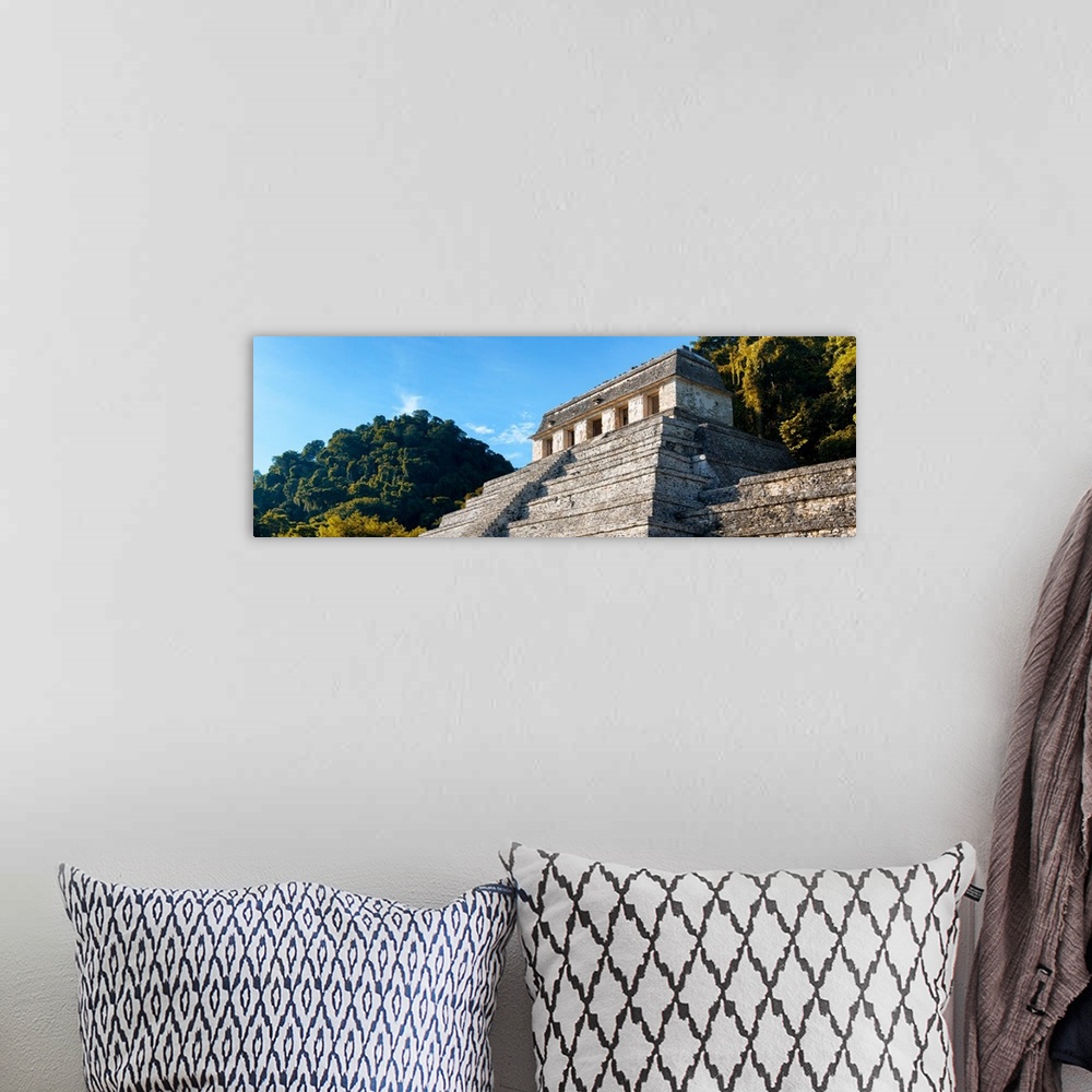 A bohemian room featuring Panoramic photograph of the Mayan Temple of Inscriptions during Fall in Chiapas, Mexico. From the...