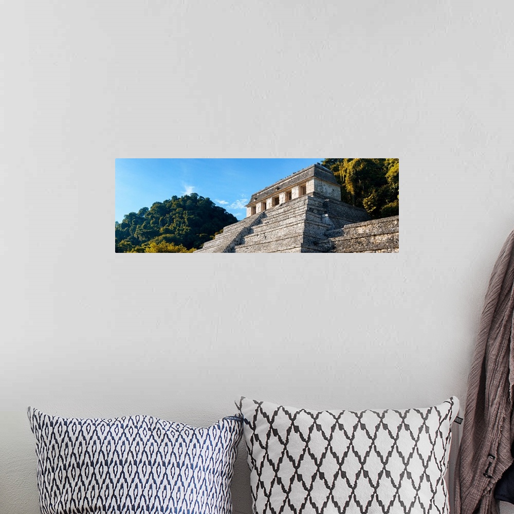 A bohemian room featuring Panoramic photograph of the Mayan Temple of Inscriptions during Fall in Chiapas, Mexico. From the...