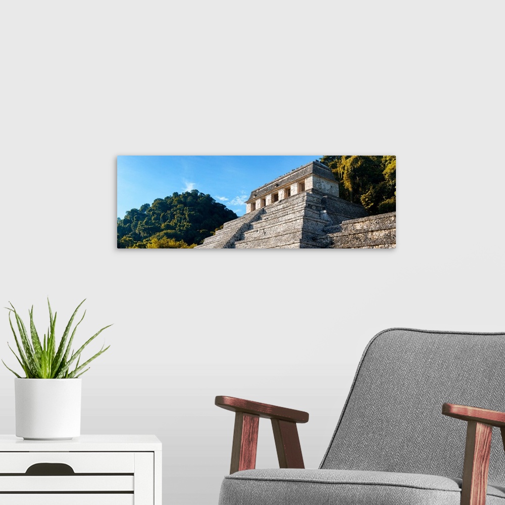 A modern room featuring Panoramic photograph of the Mayan Temple of Inscriptions during Fall in Chiapas, Mexico. From the...