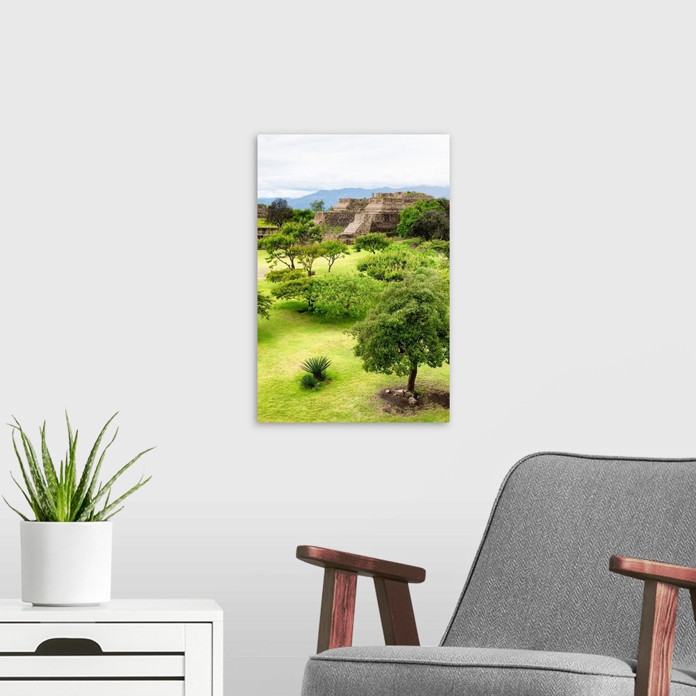 A modern room featuring Photograph of an ancient Mayan temple at Monte Alban archaeological site in Oaxaca, Mexico. From ...
