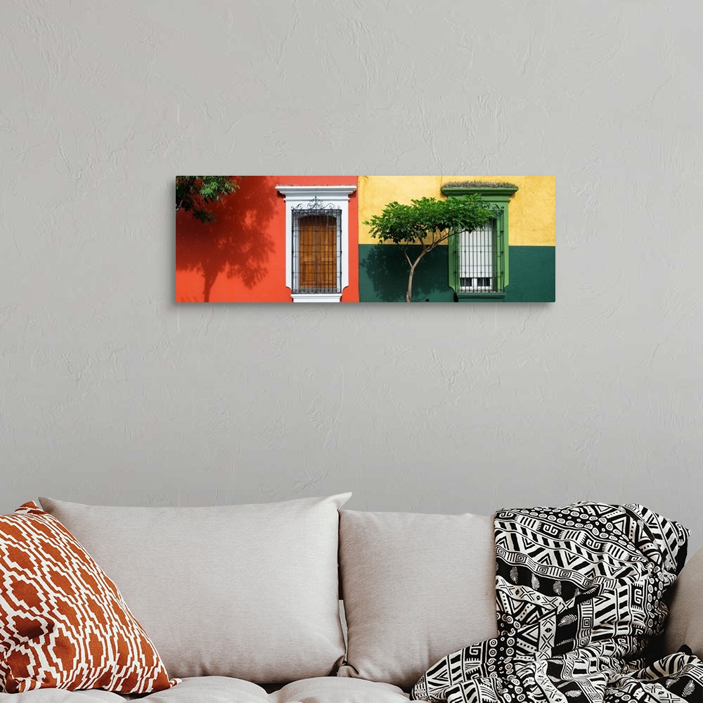 A bohemian room featuring Colorful panoramic photograph of facades in Mexico. From the Viva Mexico Panoramic Collection.