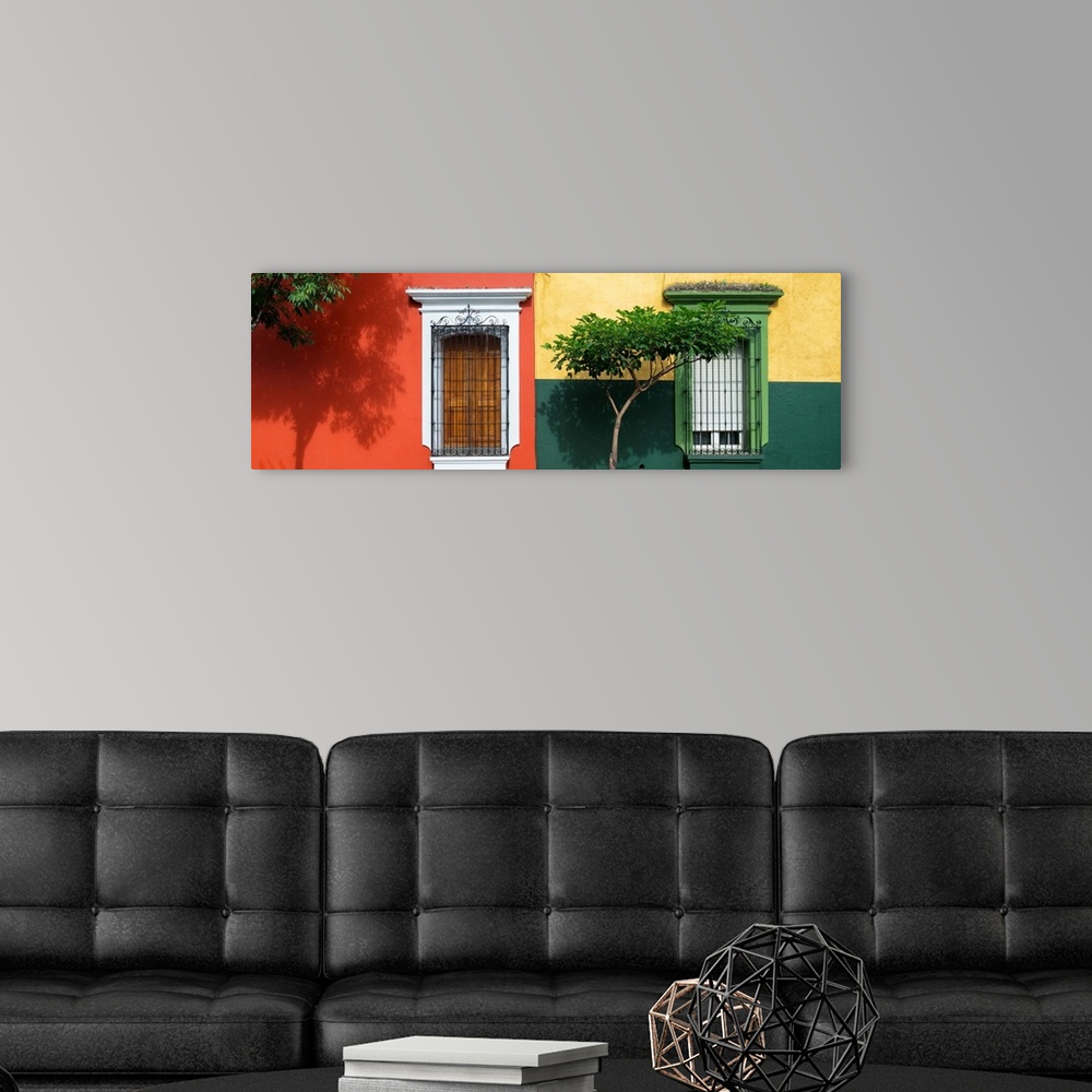 A modern room featuring Colorful panoramic photograph of facades in Mexico. From the Viva Mexico Panoramic Collection.