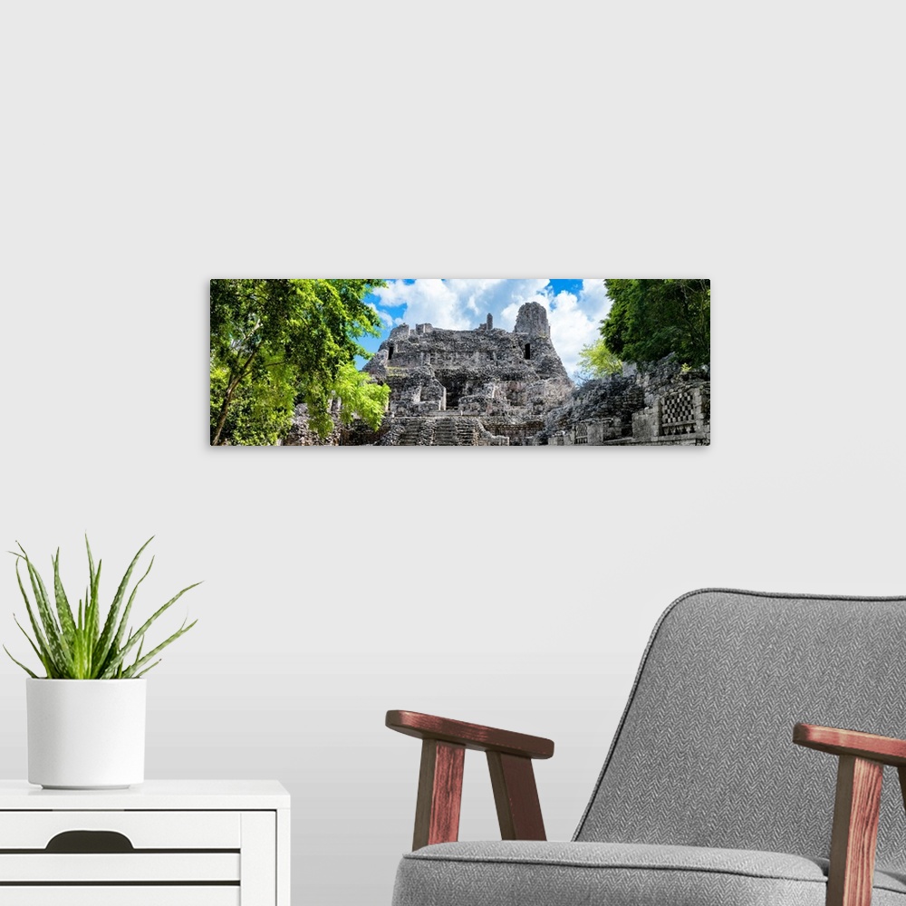 A modern room featuring Panoramic photo of ancient Mayan Ruins, Mexico. From the Viva Mexico Panoramic Collection.