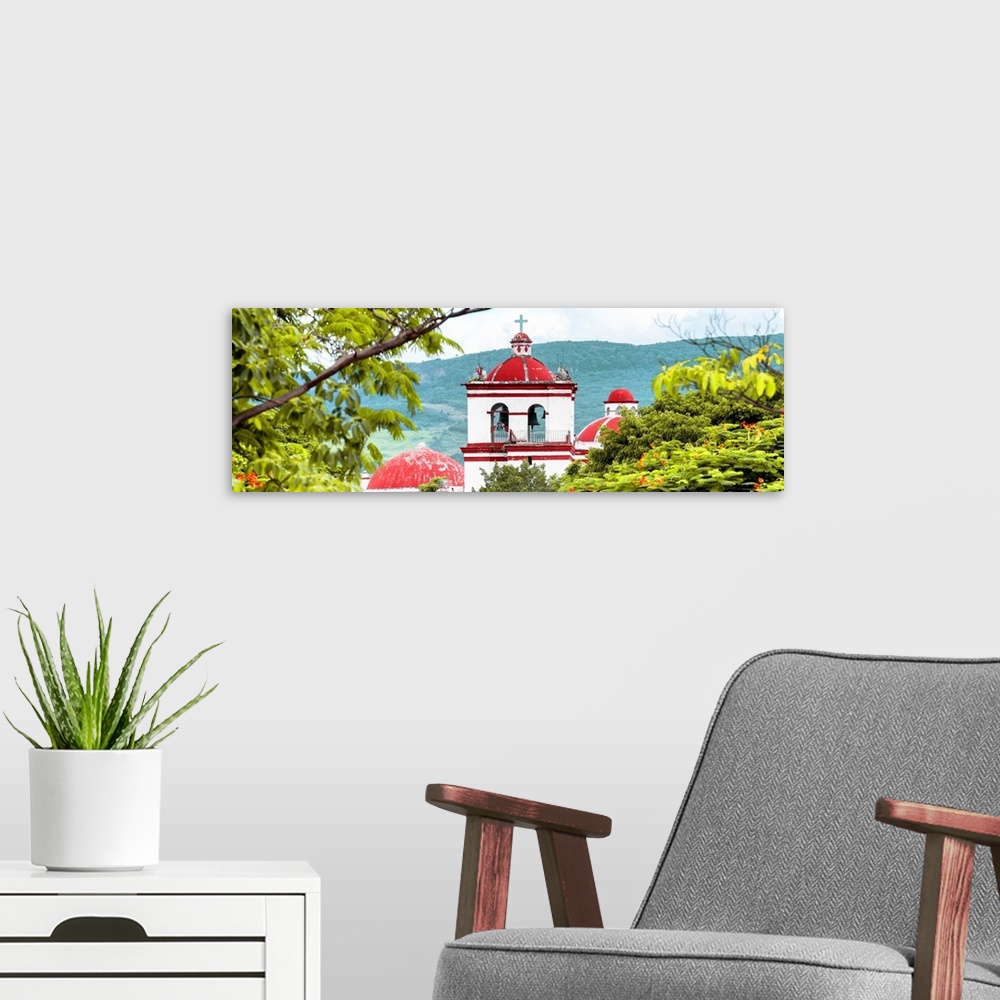 A modern room featuring Panoramic photograph of the top of a red and white church in Mexico. From the Viva Mexico Panoram...