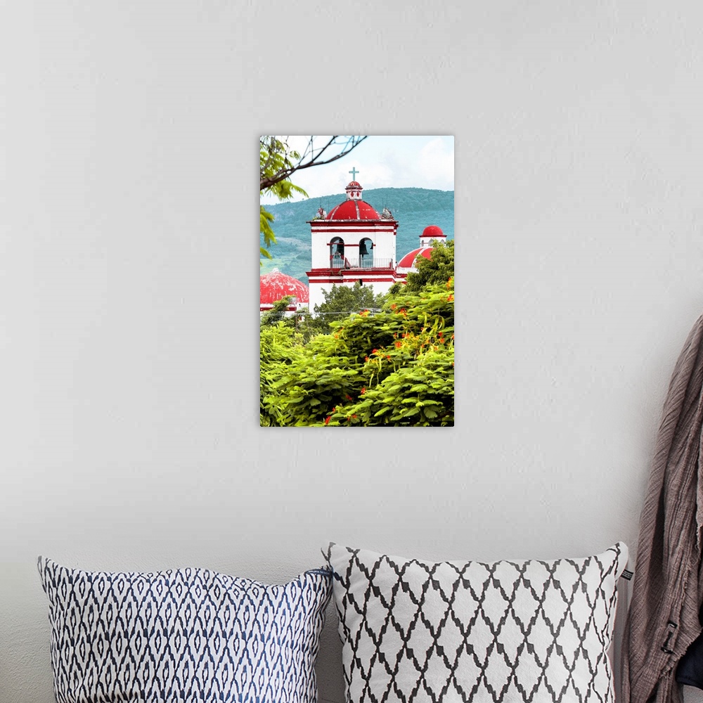 A bohemian room featuring Photograph of a red and white Church surrounded by lush trees and mountains. From the Viva Mexico...
