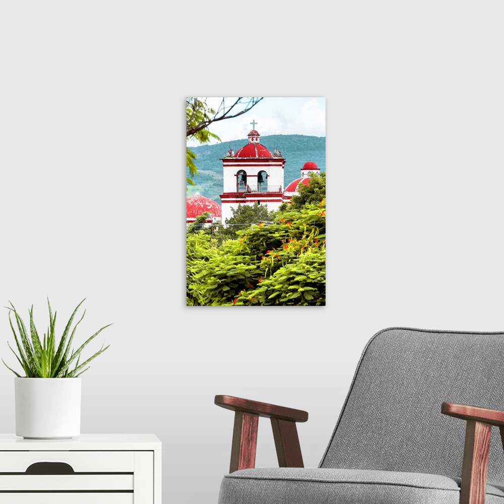 A modern room featuring Photograph of a red and white Church surrounded by lush trees and mountains. From the Viva Mexico...