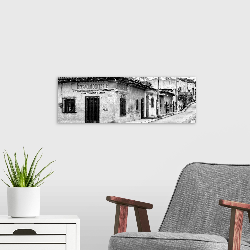 A modern room featuring Black and white panoramic photograph of an urban street in Mexico. From the Viva Mexico Panoramic...