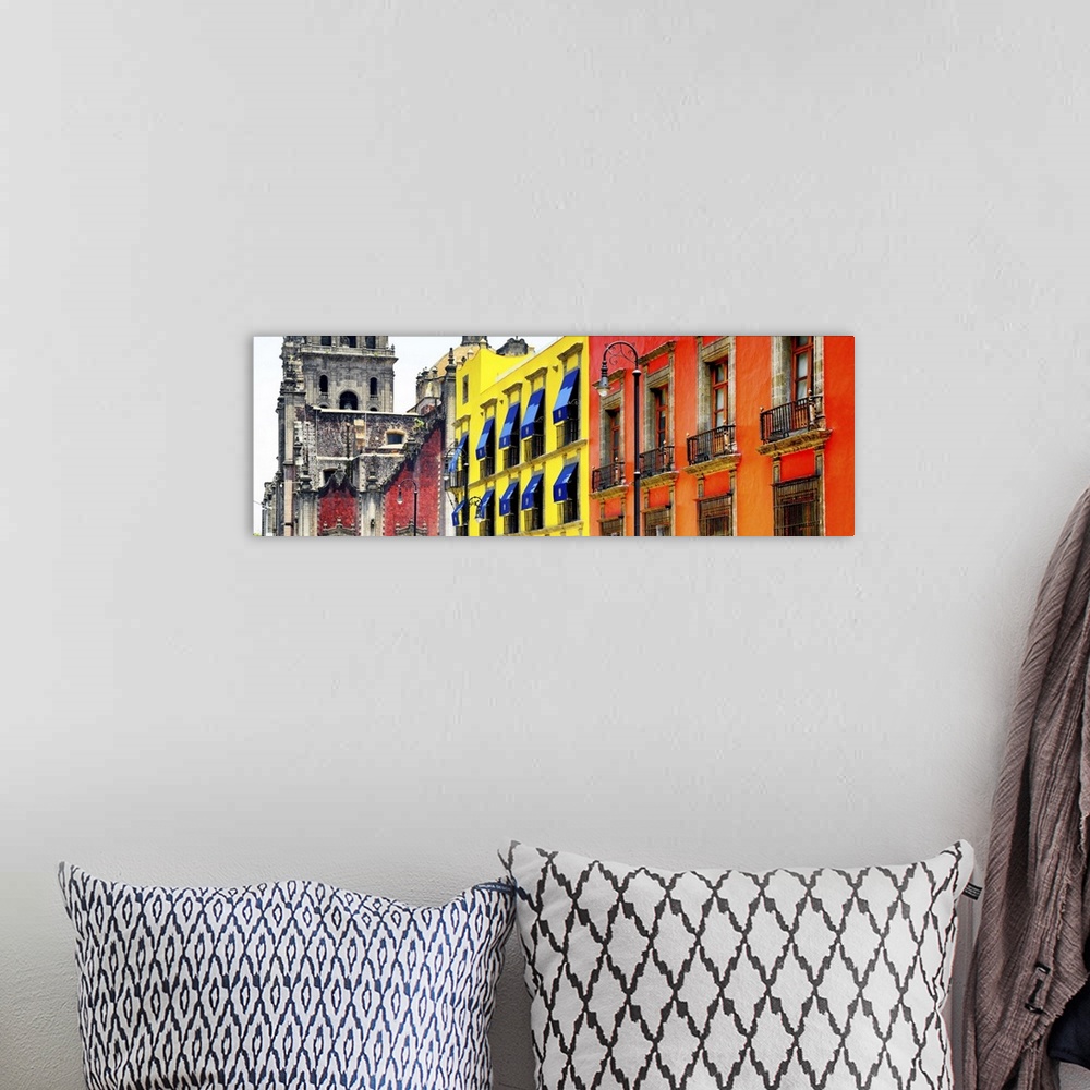 A bohemian room featuring Panoramic photograph of bright and colorful facades, Mexico. From the Viva Mexico Panoramic Colle...