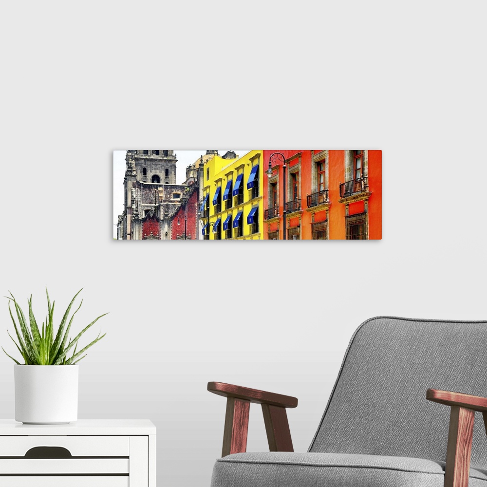 A modern room featuring Panoramic photograph of bright and colorful facades, Mexico. From the Viva Mexico Panoramic Colle...