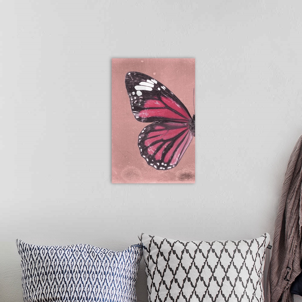 A bohemian room featuring Half of a butterfly on a pink sparkly background.