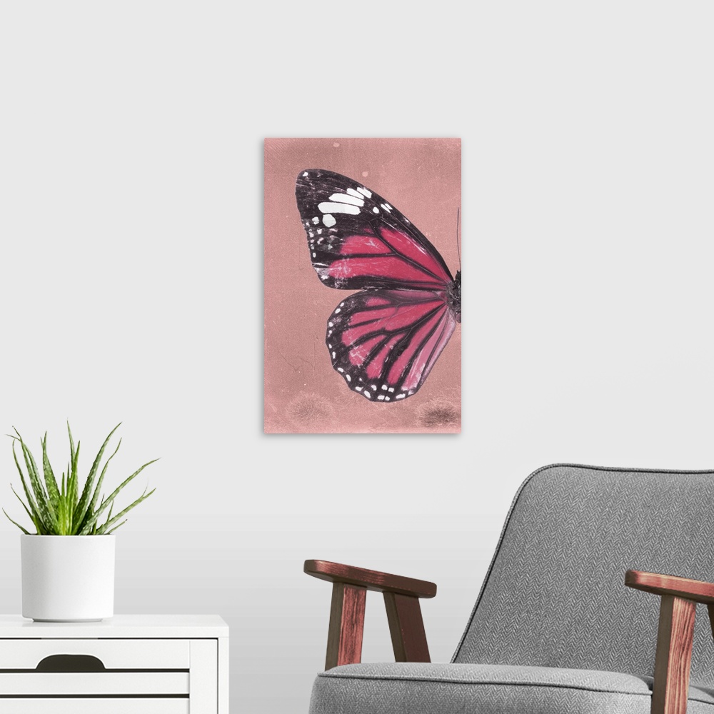 A modern room featuring Half of a butterfly on a pink sparkly background.