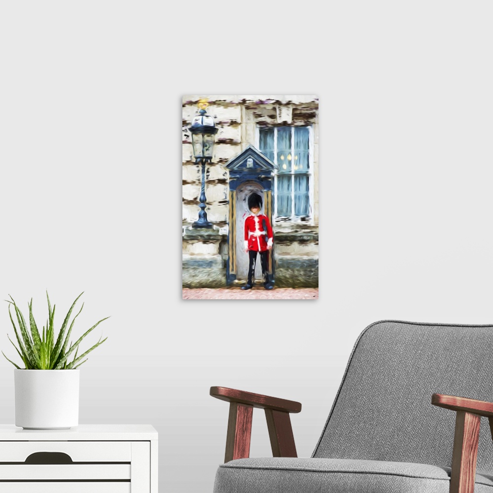 A modern room featuring Photograph of London, England with a painterly effect.