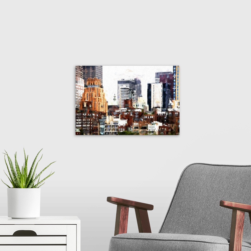 A modern room featuring Photograph with a painterly effect of New York city.