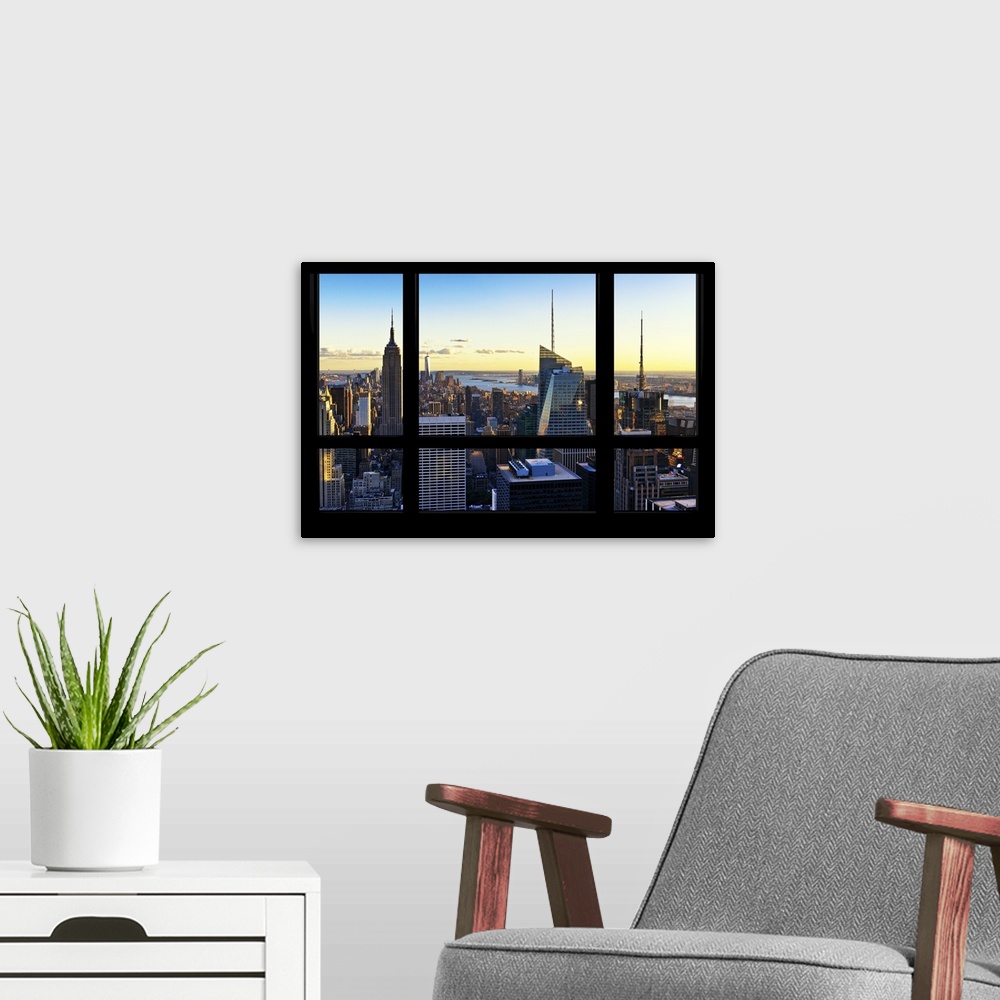 A modern room featuring New York skyline in the early evening, with a faux window pane effect.