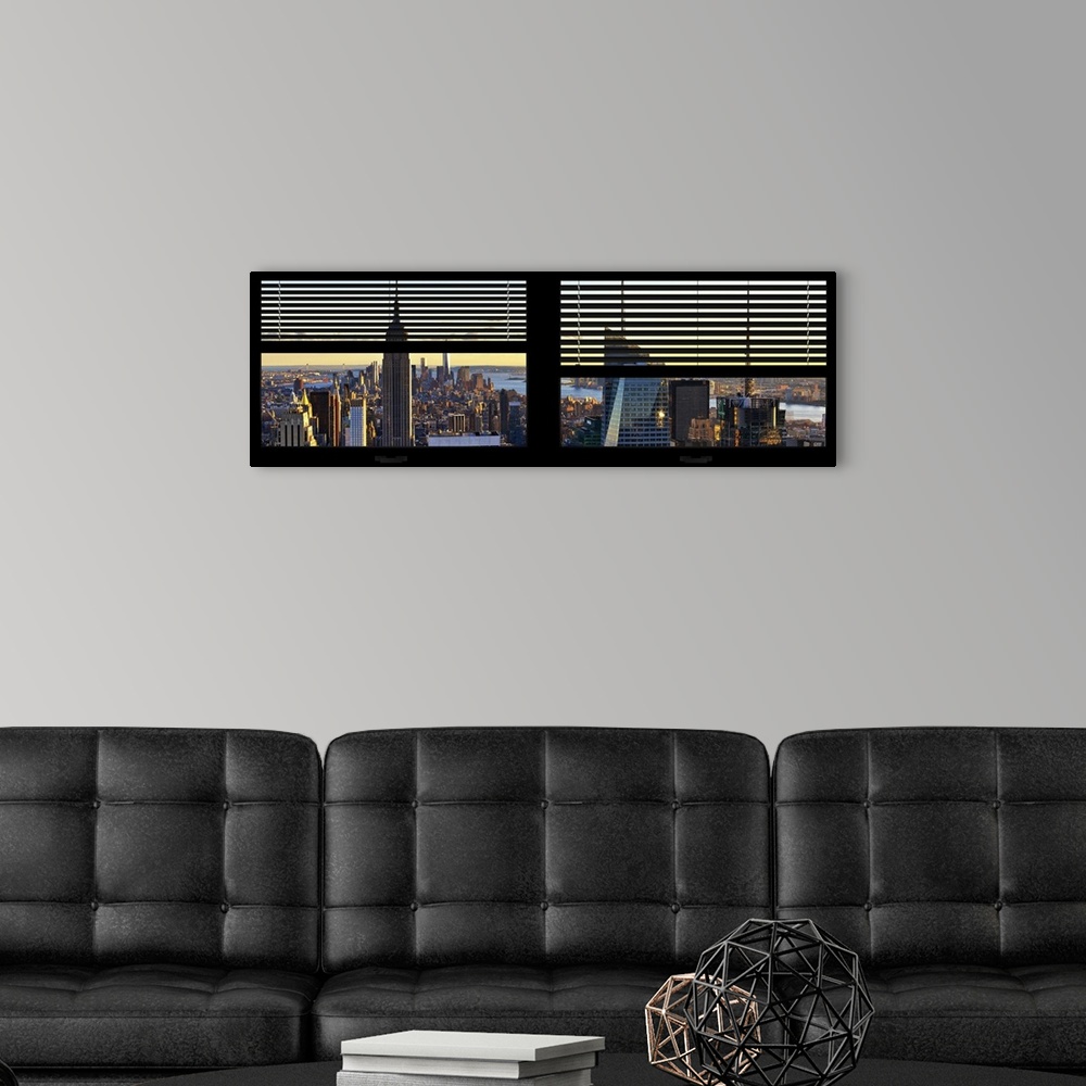 A modern room featuring New York skyline in the early evening, with a faux window and blinds effect.