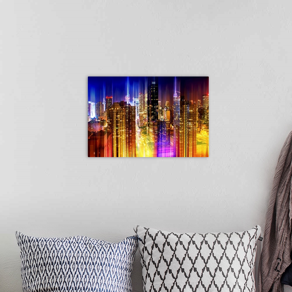 A bohemian room featuring New York City skyline lit up at night, with a layered effect creating a feeling of movement.