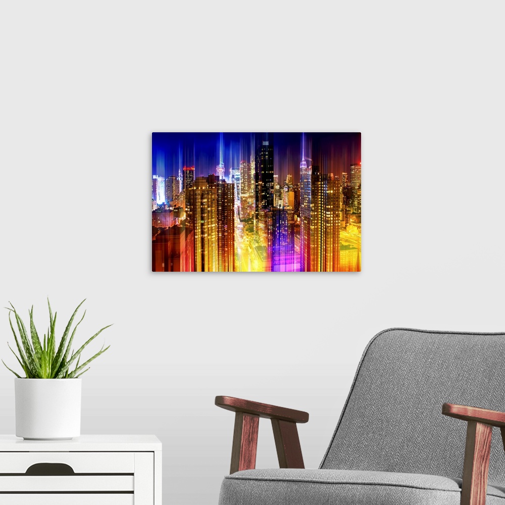 A modern room featuring New York City skyline lit up at night, with a layered effect creating a feeling of movement.