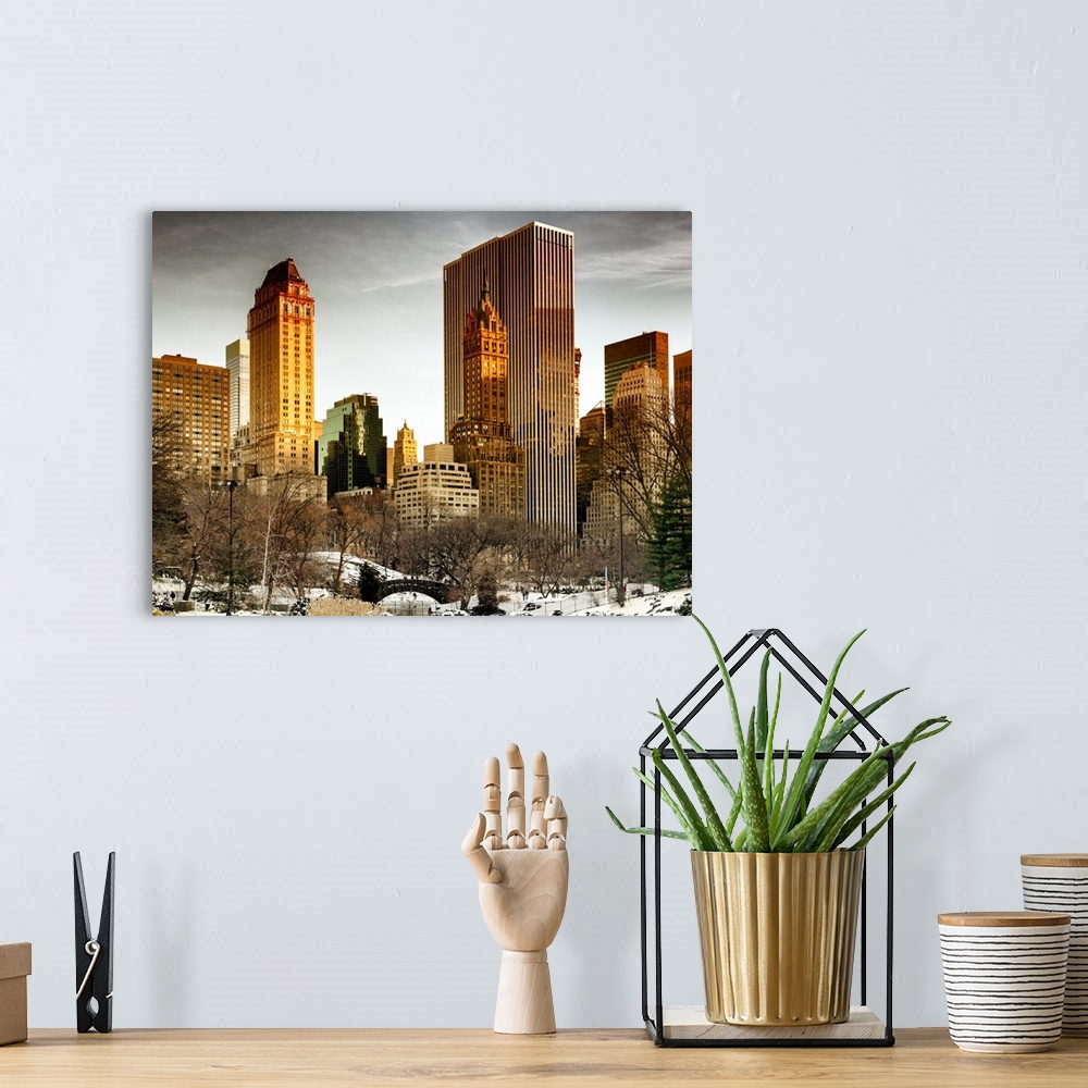 A bohemian room featuring A photograph of New York city at sunset from Central Park.