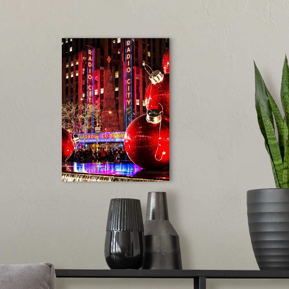 A modern room featuring Fine art photograph of giant Christmas decorations set up in New York city.