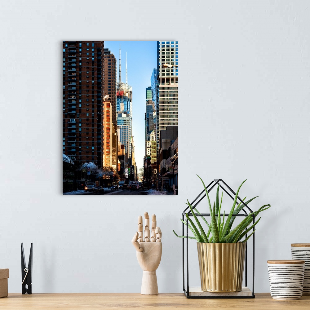 A bohemian room featuring A photograph of New York city architecture.
