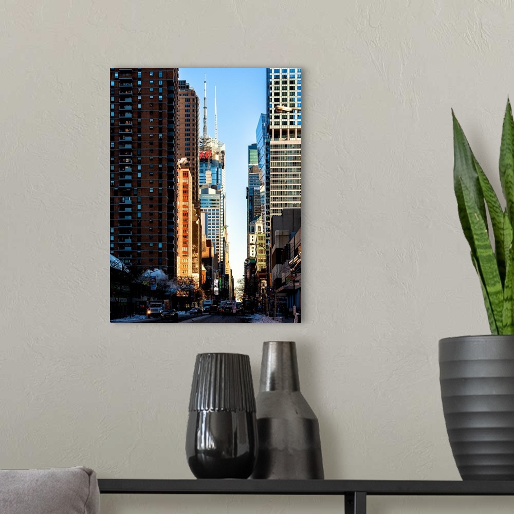 A modern room featuring A photograph of New York city architecture.