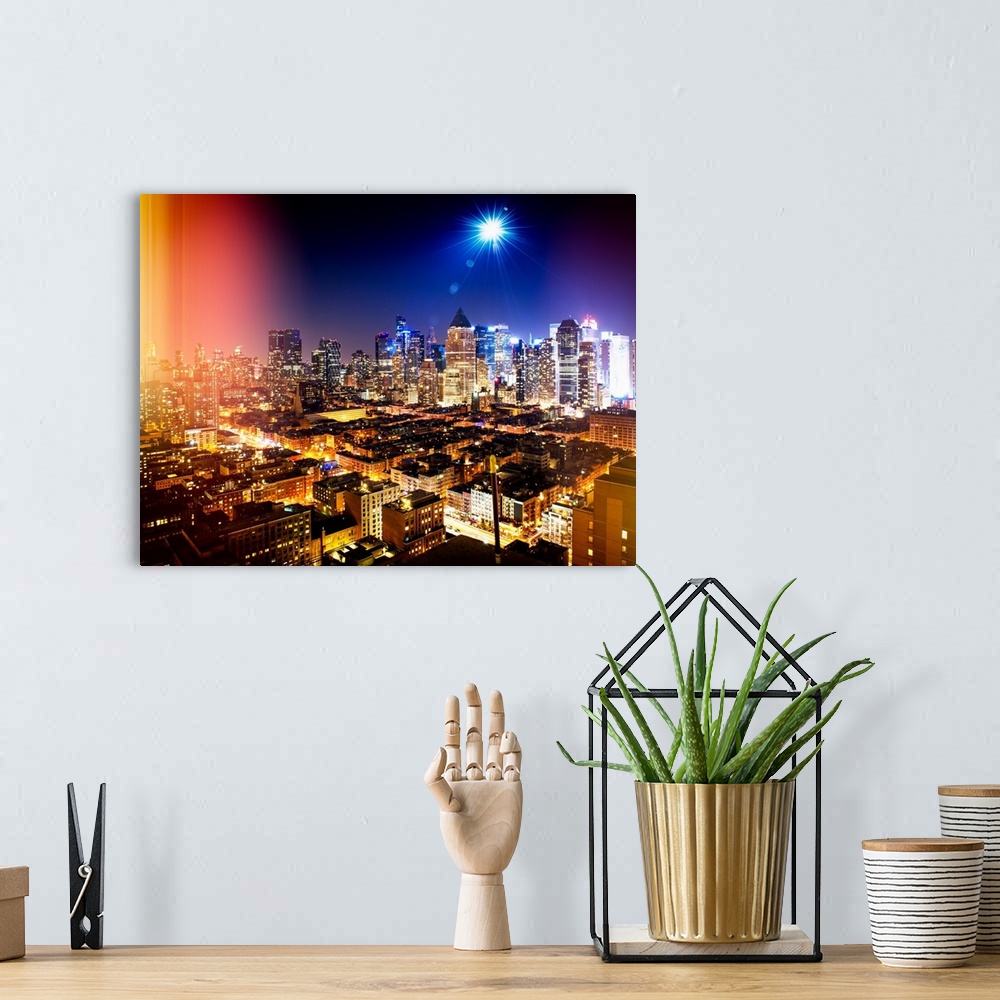 A bohemian room featuring A photograph of New York city at night.