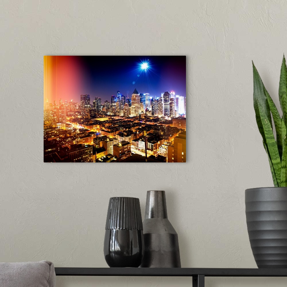 A modern room featuring A photograph of New York city at night.
