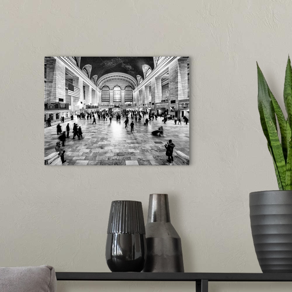 A modern room featuring A photograph of New York city's Grand Central Station.