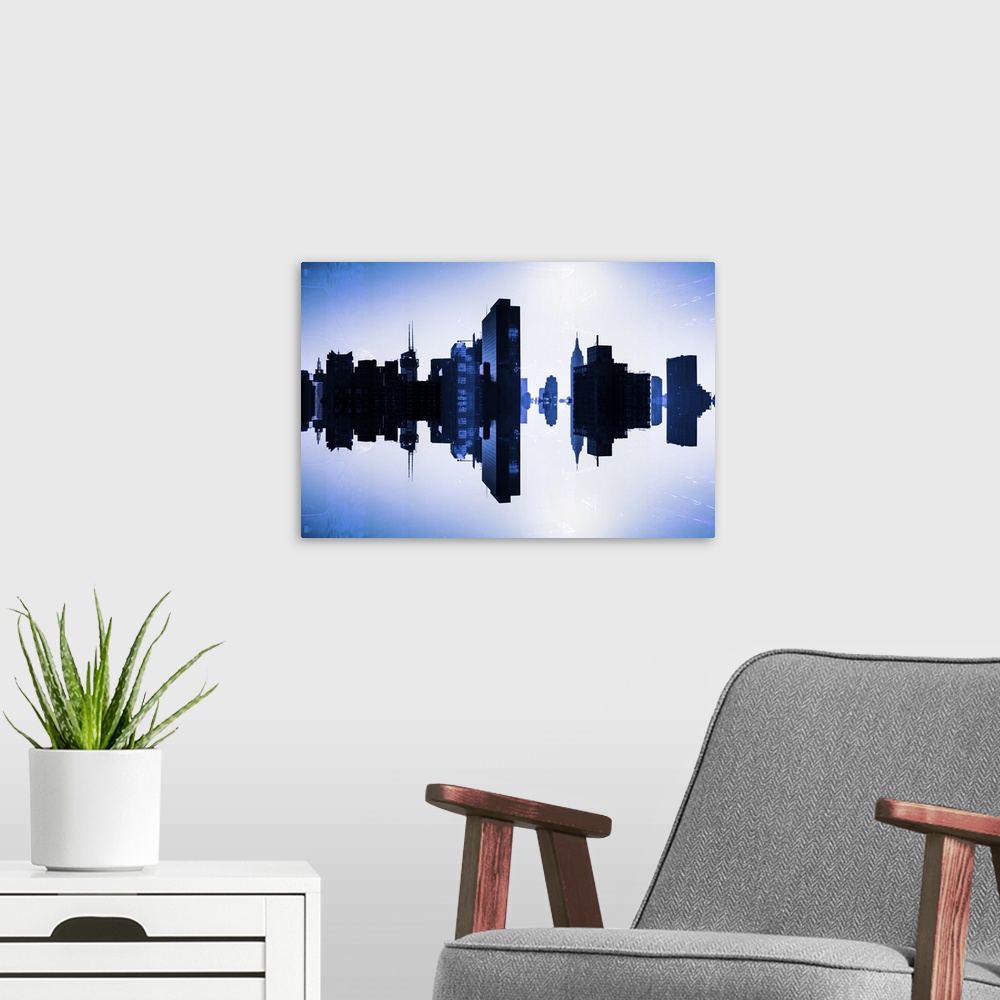 A modern room featuring Artistic photograph New York city reflecting itself vertically.