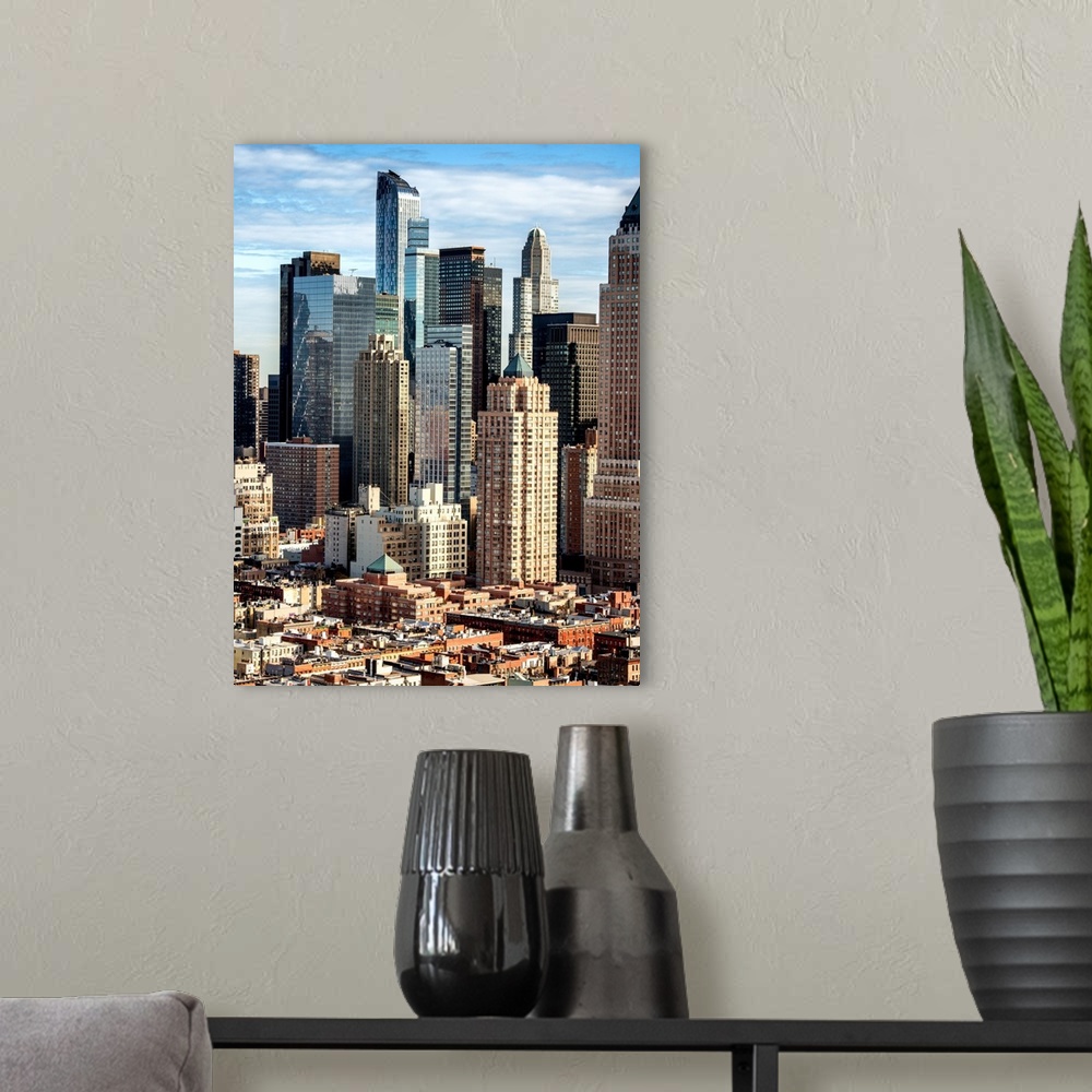 A modern room featuring A photograph of a group of skyscrapers in New York city.