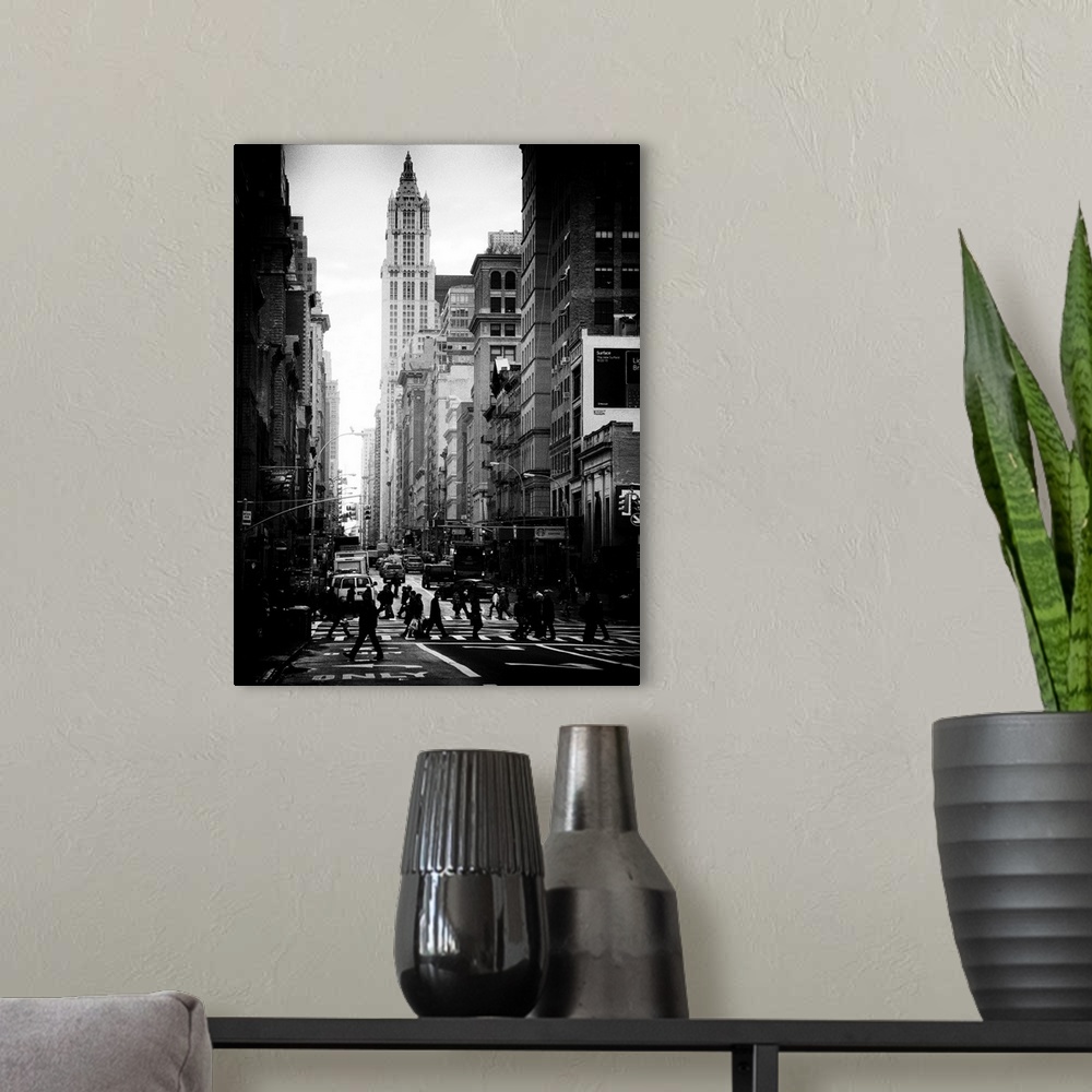A modern room featuring A black and white photograph of urban life in New York city.