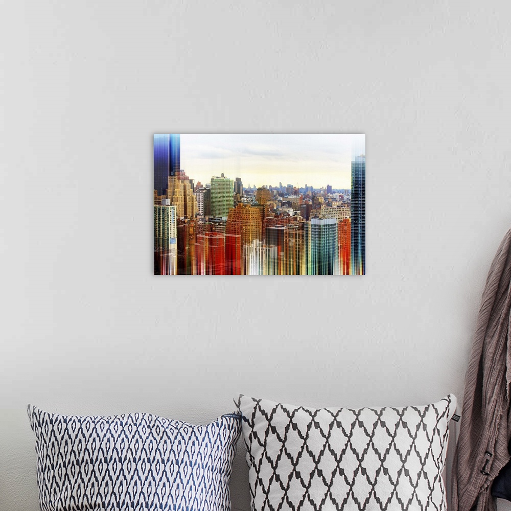 A bohemian room featuring Photograph of the skyline of New York City, with a layered effect creating a feeling of movement.