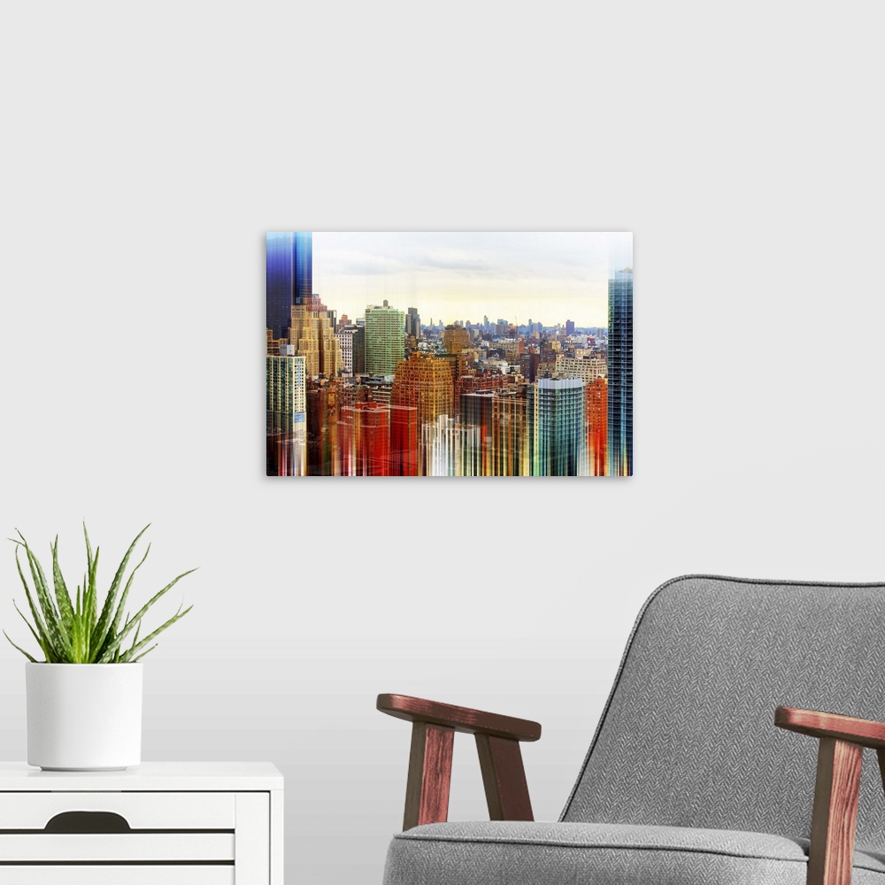 A modern room featuring Photograph of the skyline of New York City, with a layered effect creating a feeling of movement.