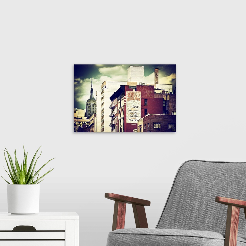 A modern room featuring Vintage style photo showing the sides of New York buildings.